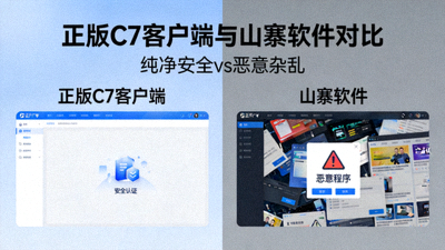 正版C7客户端与山寨软件对比图，突出正版软件的纯净与安全