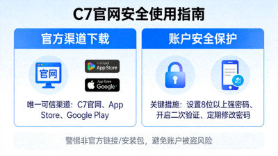 C7官网安全使用指南信息图，强调从官方渠道下载与保护账户安全的重要性