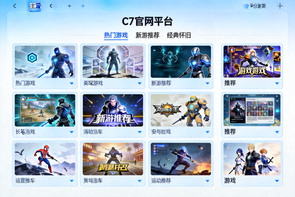 C7官网平台界面概览图，展示简洁现代的设计与丰富的游戏分类